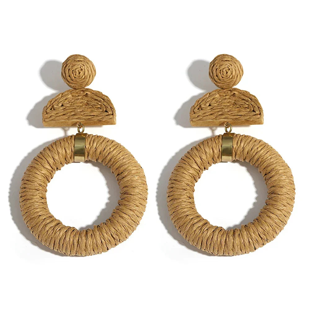 Handmade Two Tone Rattan Knit Wrapped Round Drop Earrings for Women - Piña Colada