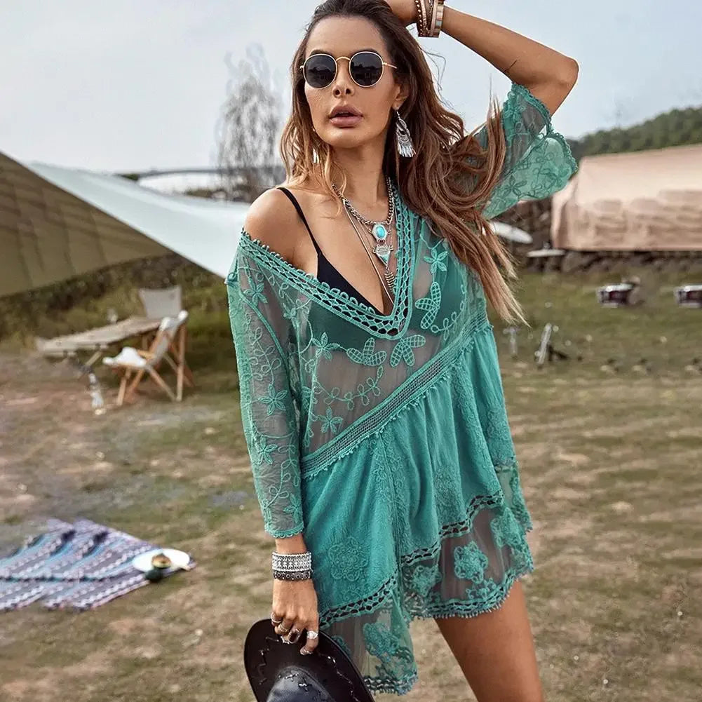 Bikini Cover-up Deep V-neck Short Sleeve Dress - Piña Colada
