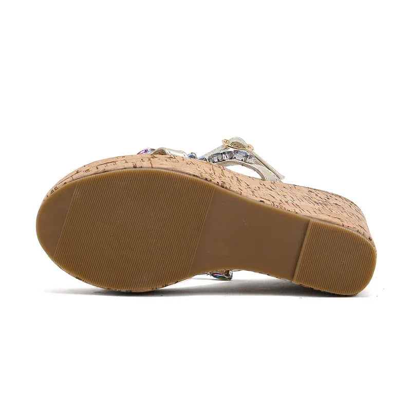 Crystal Buckle Strap Platform Wedge Sandals – Elegant Chunky Heels - Piña Colada