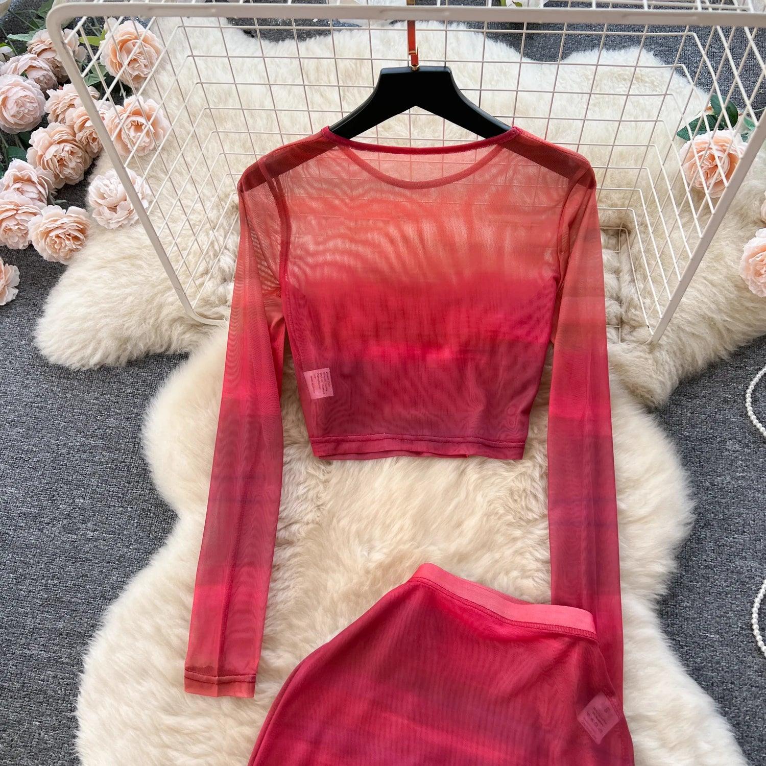 Two Piece Suits O Neck Midi Blouse+High Waist Colorful Bodycon - Piña Colada