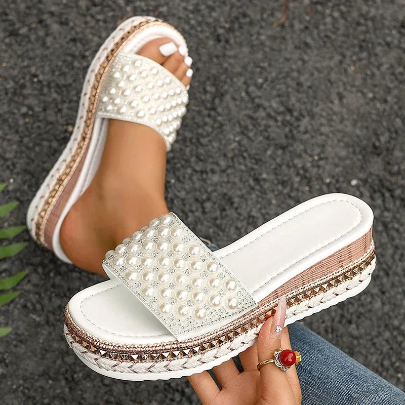 Shiny Crystal Pearl Platform Slippers - Piña Colada
