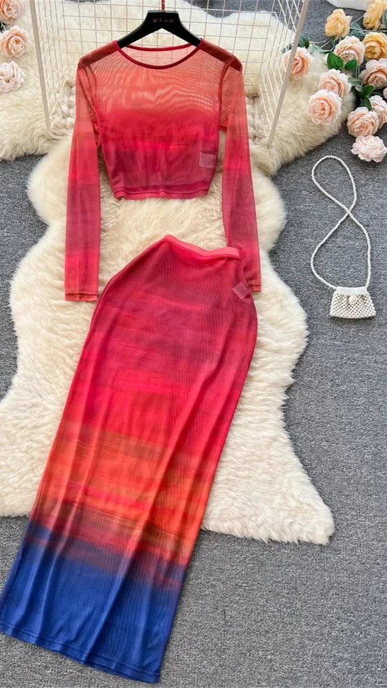 Two Piece Suits O Neck Midi Blouse+High Waist Colorful Bodycon - Piña Colada