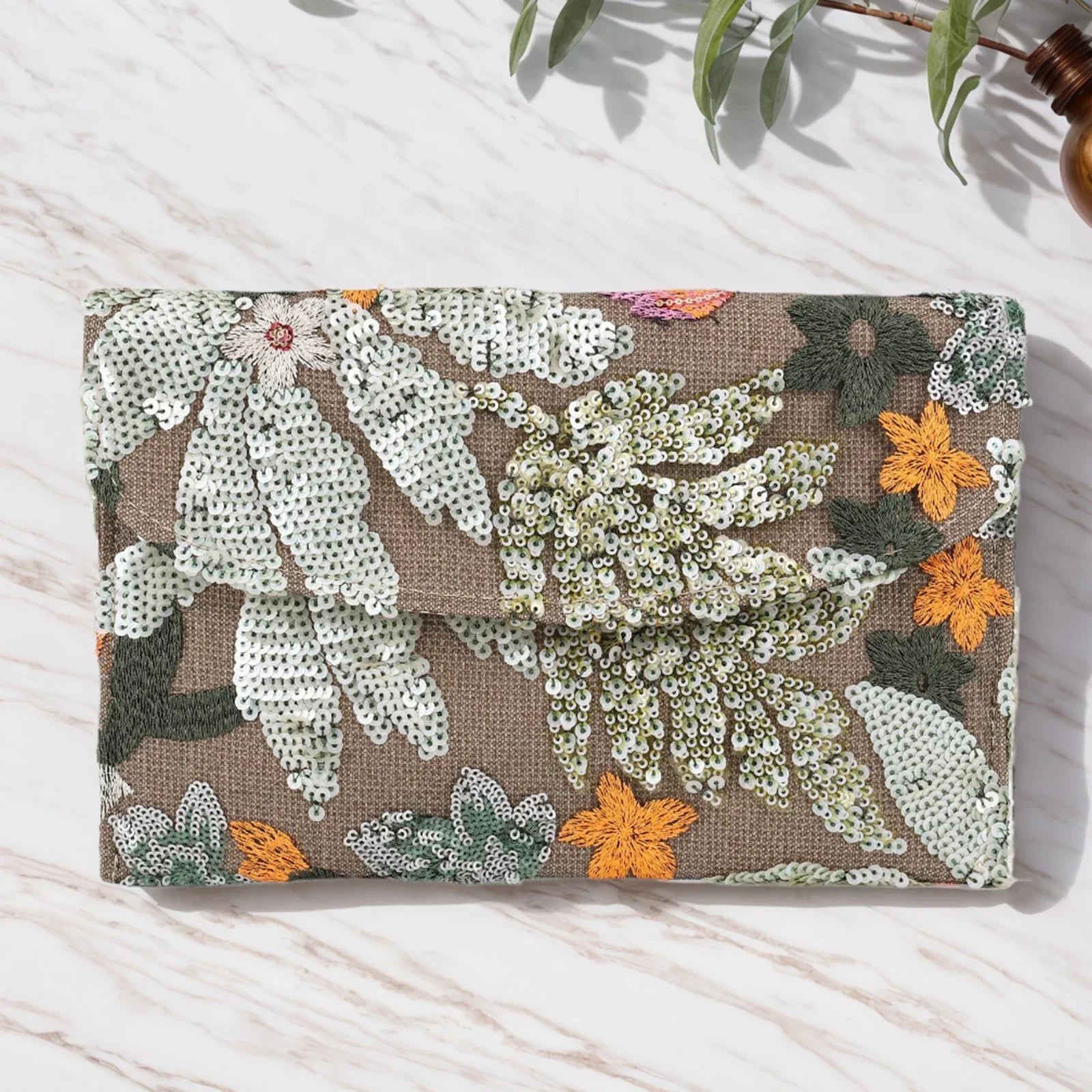 Floral Sequin Straw Clutch - Piña Colada