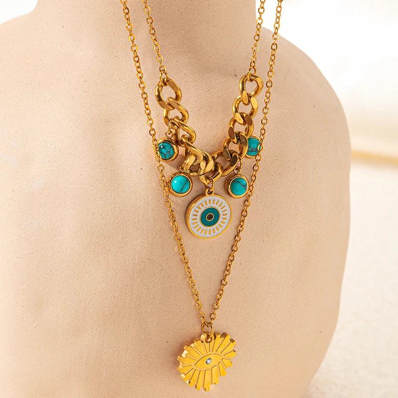 Double Layer Heart & Turquoise Evil Eye Necklace - Piña Colada