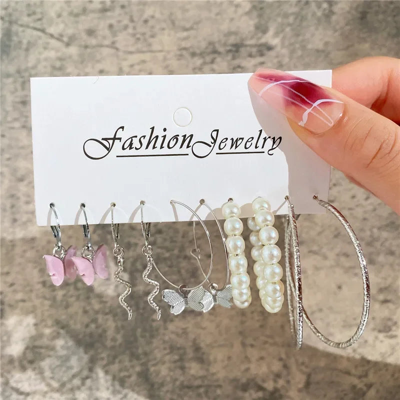 Modyle Geometric Pearl Hoop Earrings Set - Piña Colada