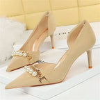 Pointed Toe Pearl Metal Chain Side Chain Pumps - Piña Colada
