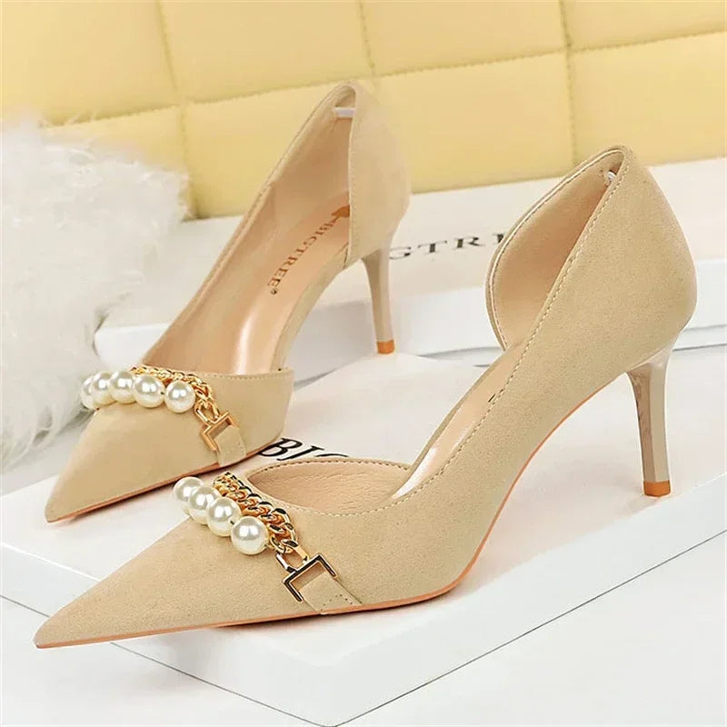 Pointed Toe Pearl Metal Chain Side Chain Pumps - Piña Colada