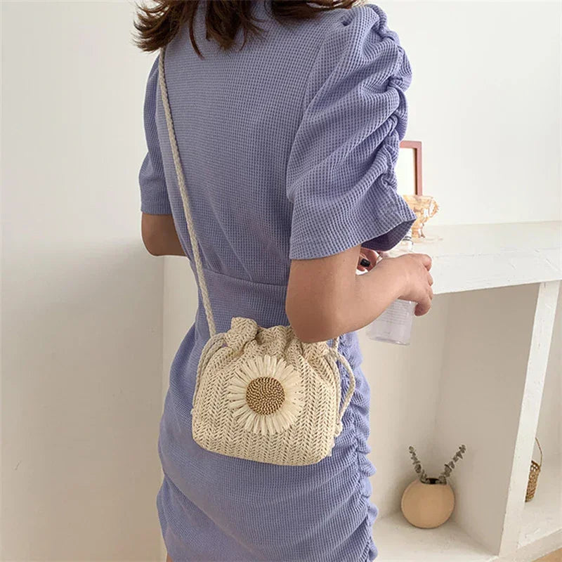 Straw Bag Handbag Knit Flower - Piña Colada