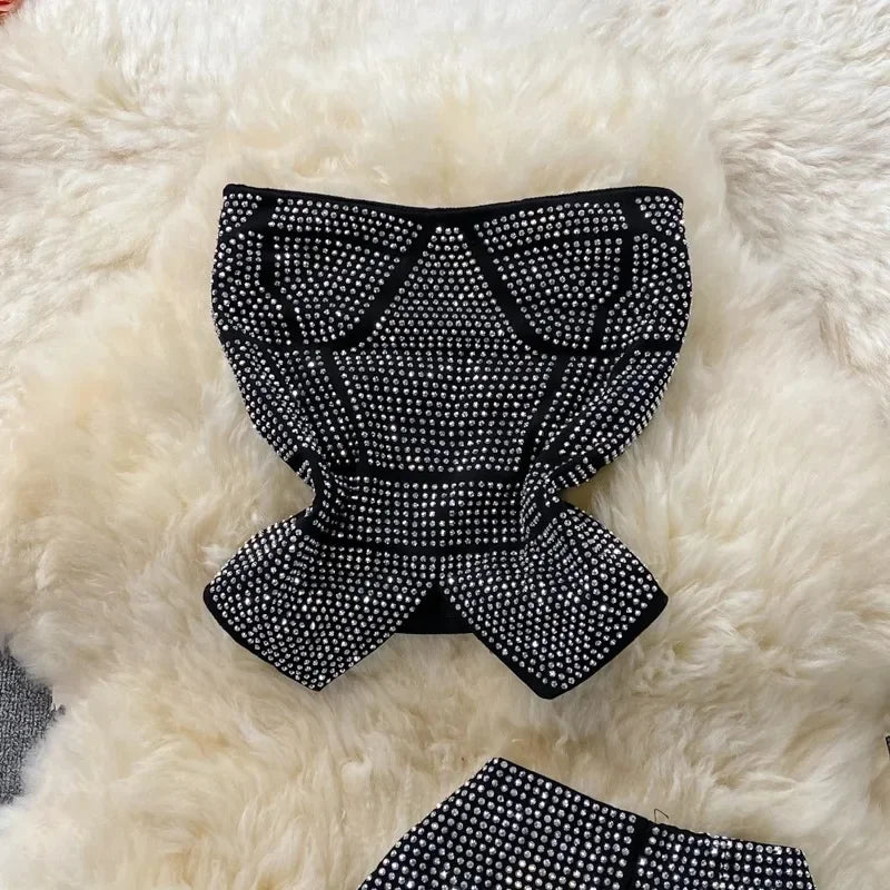 Rhinestone Slash Neck Crop Top & High Waist Pants Set - Piña Colada