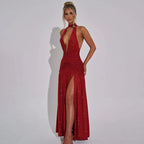 Halter Backless Silk V-neck Dress - Piña Colada