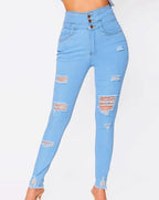 Distressed High Waist Skinny Jeans – Bleach Wash Denim Look - Piña Colada
