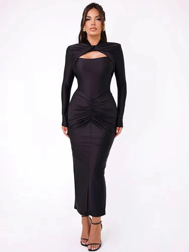 Elegant Long Sleeved Elastic Tight Long Dress - Piña Colada