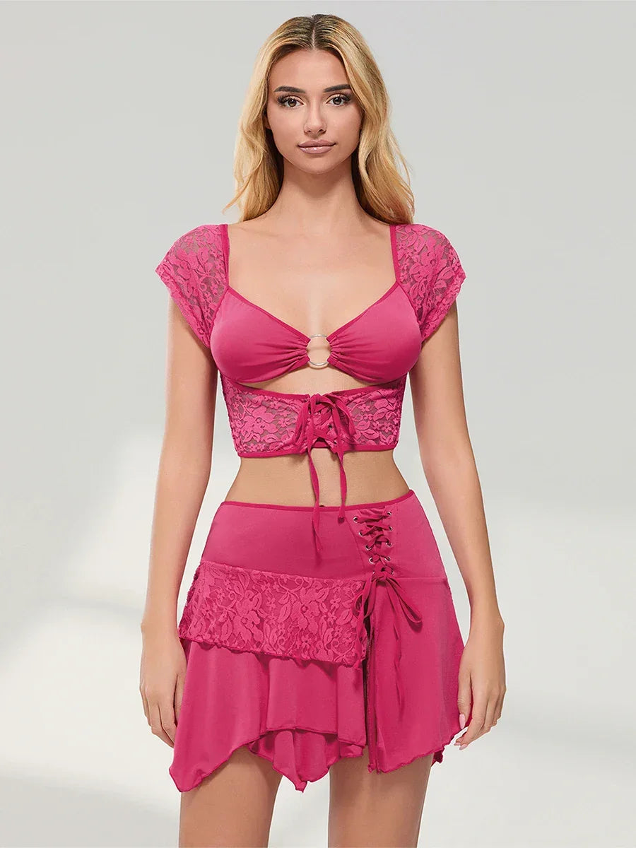 Velvet Crop Top & Mini Skirt Set Outfit - Piña Colada