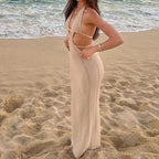 Backless Hollow-Out Knit Cover-Up Dress – Beach Vacation Style - Piña Colada