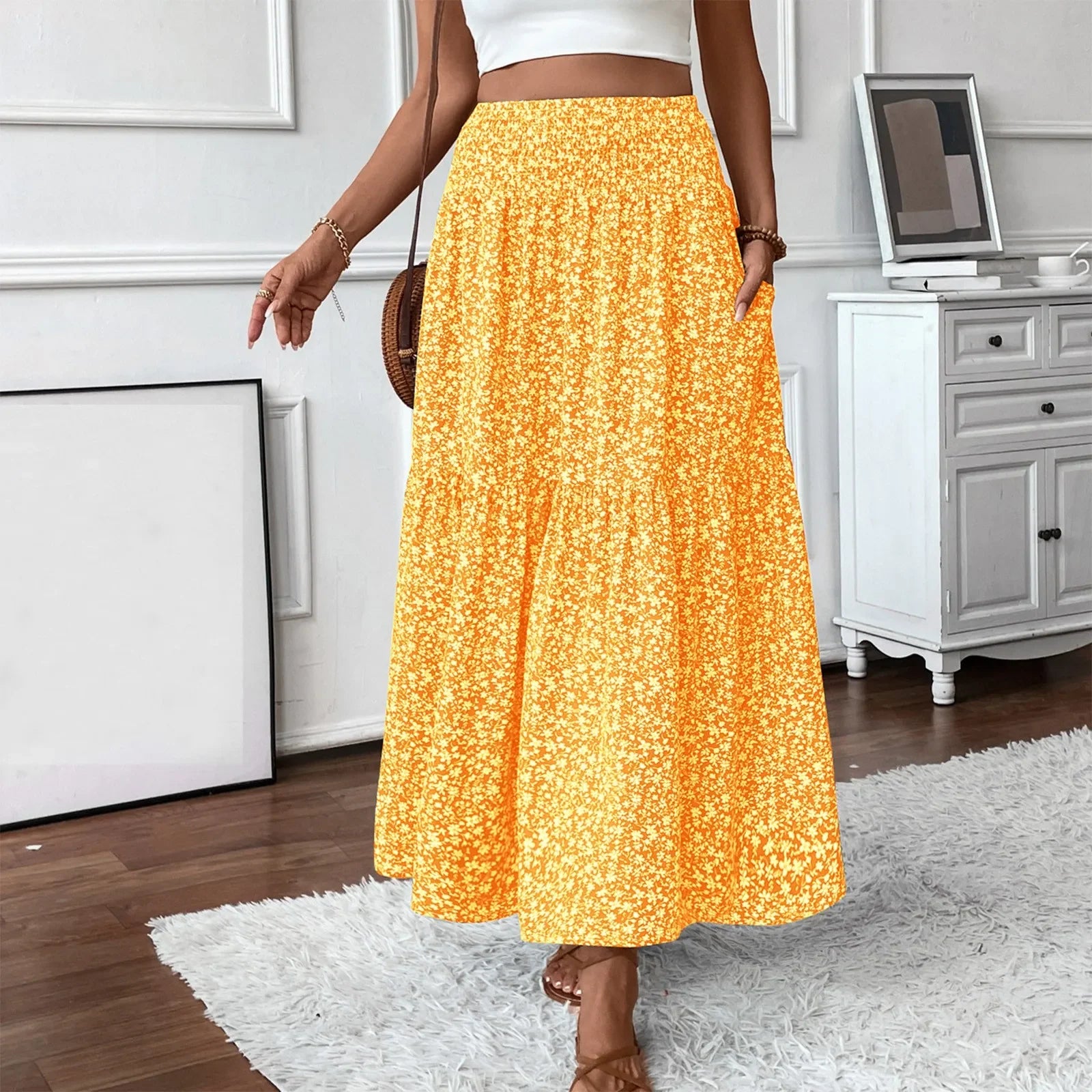 Floral Print Elastic Waist Loose - Piña Colada