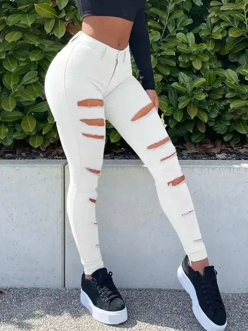 Women Ripped Casual Jeans Skinny Stretch Button Pocket Shapewear - Piña Colada
