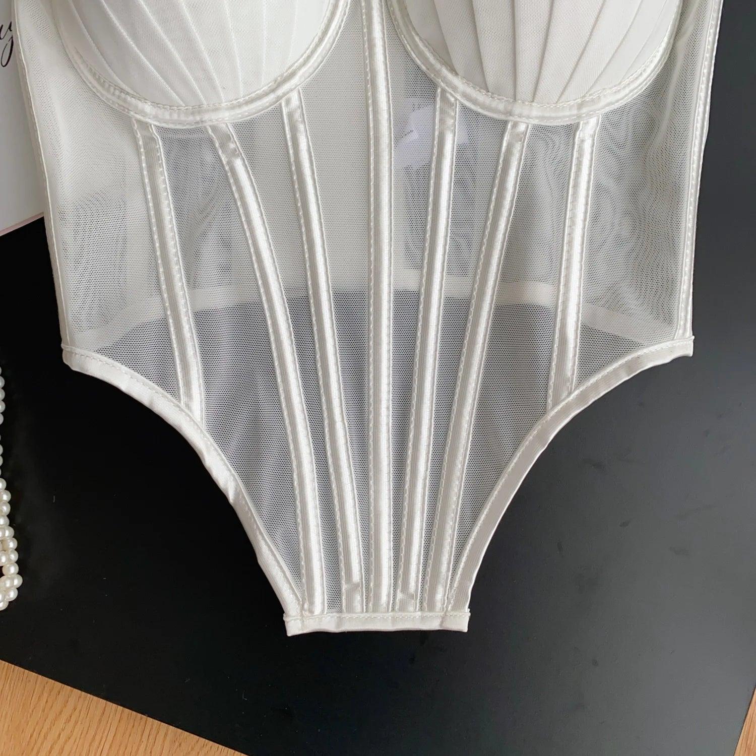 Fashion Solid Corset Strap Sheer Mesh - Piña Colada