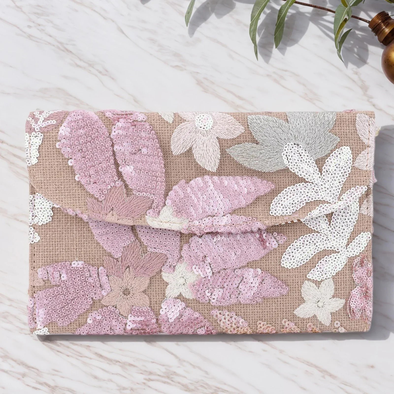 Floral Sequin Straw Clutch - Piña Colada