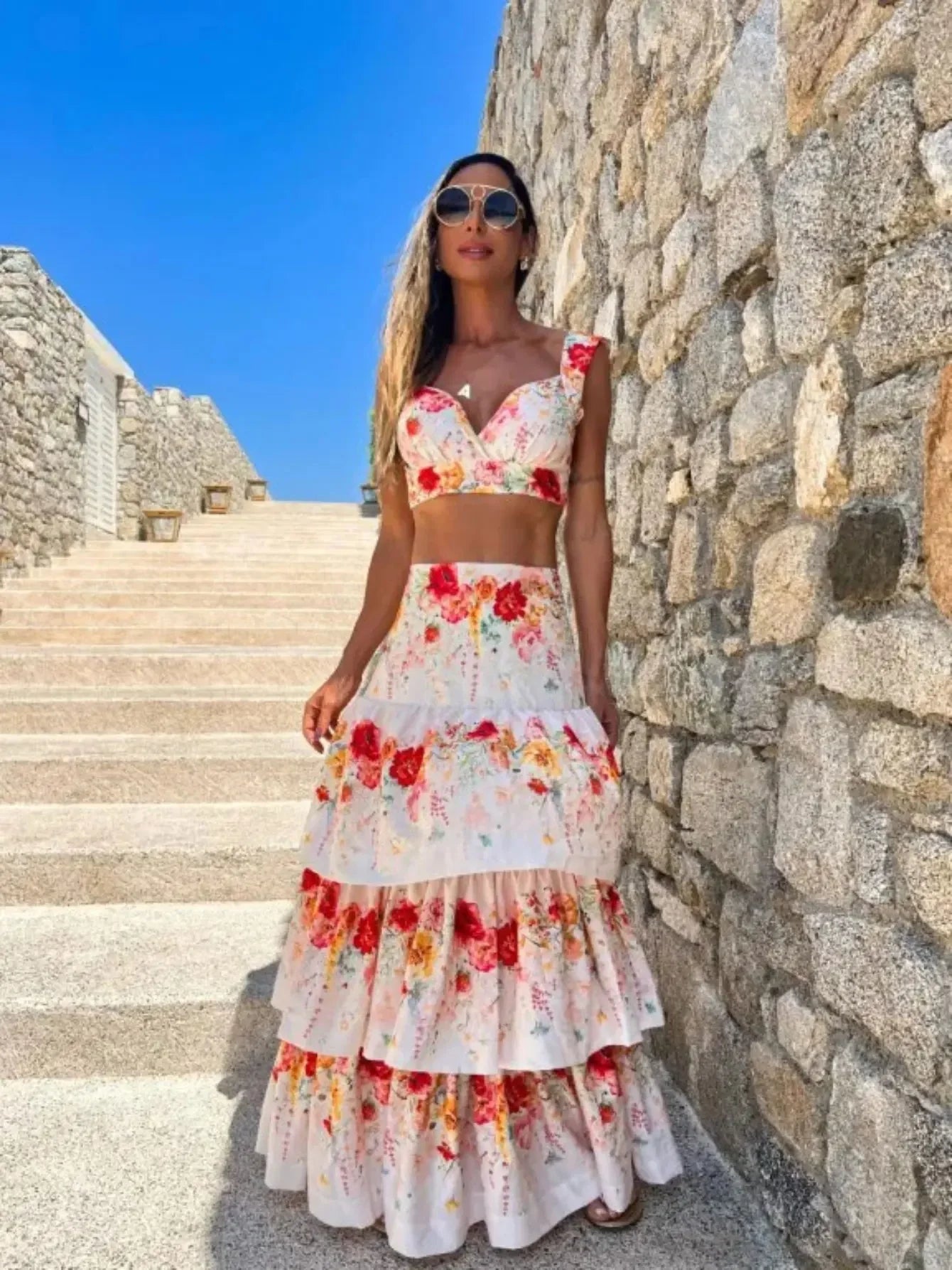 Draped Print V-Neck Maxi Dress – Beachwear Edition - Piña Colada
