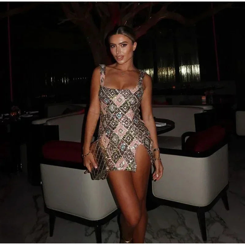 Sequin Square Neck Mini Dress - Piña Colada