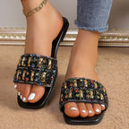 Crystal Boho Slide Sandals – White/Black - Piña Colada