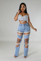 Beaded Tassel Straight Leg Jeans - Piña Colada