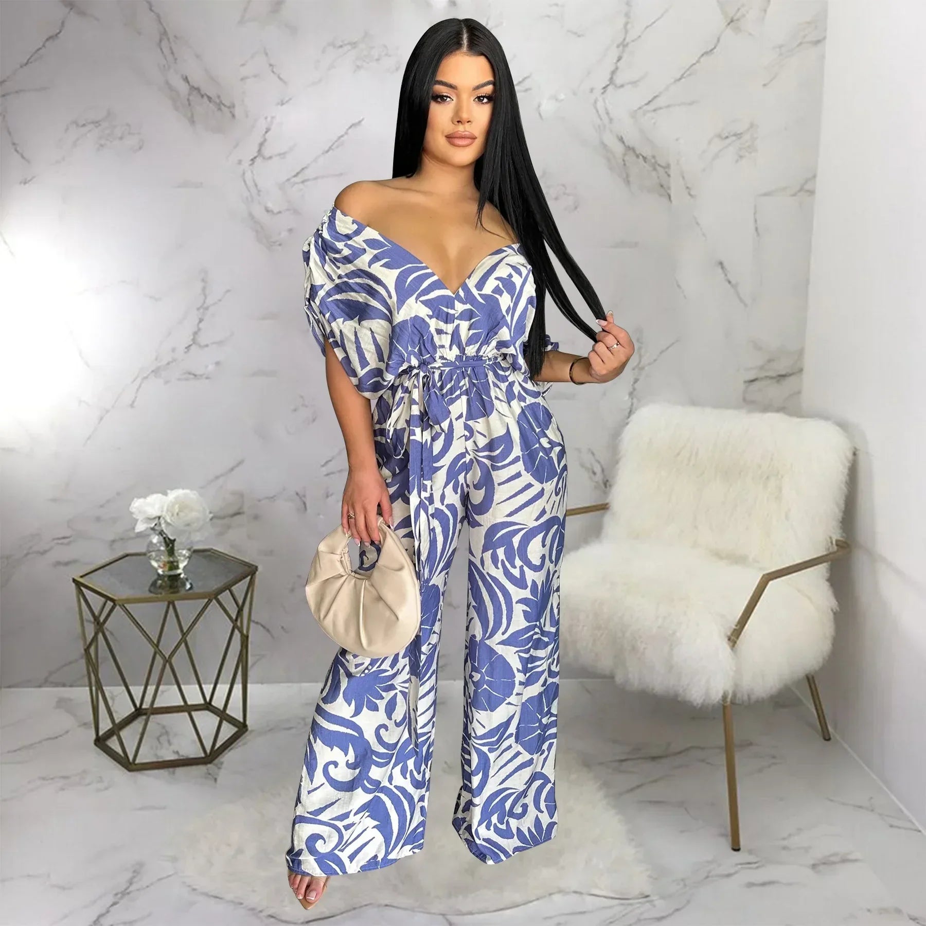 Women Leaf Printed Vintage Short Sleeve Wide Leg Jumpsuits - Piña Colada