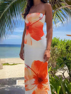 Flower Print Strapless Long Dress - Piña Colada