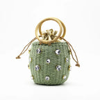 Embellished Straw Bucket Bag