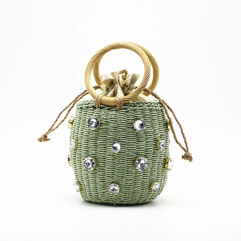 Embellished Straw Bucket Bag