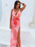 Print Slim Halter Cleavage Backless Long Dress - Piña Colada