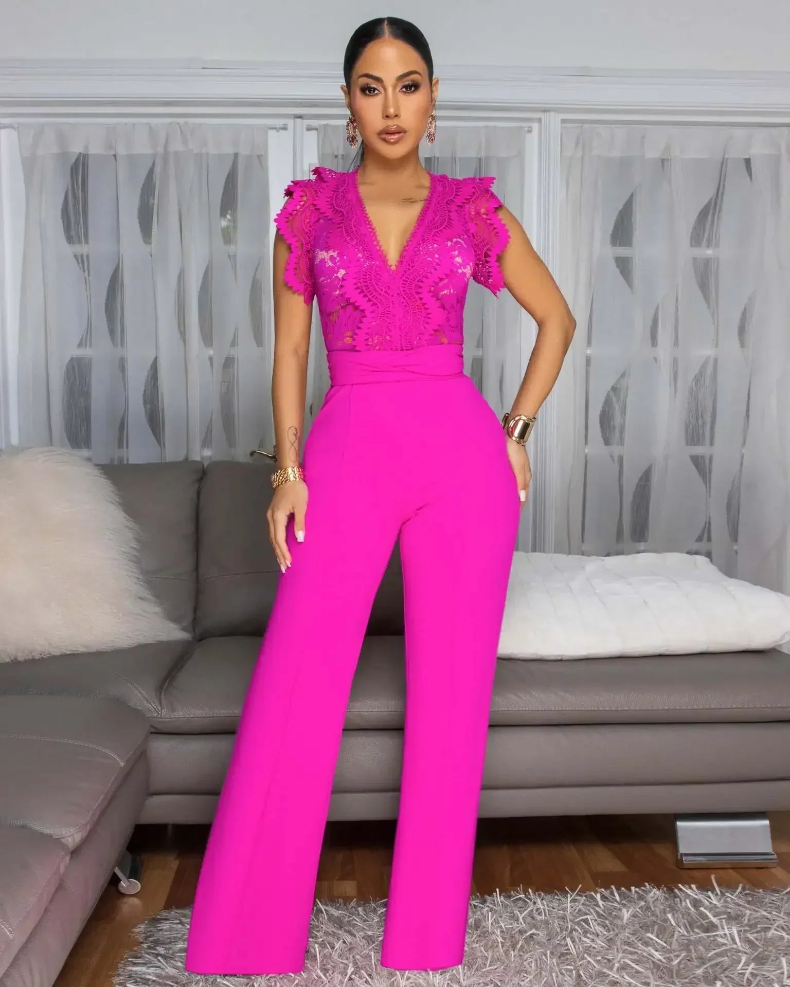 Lace Splice Fitness Jumpsuit - Piña Colada