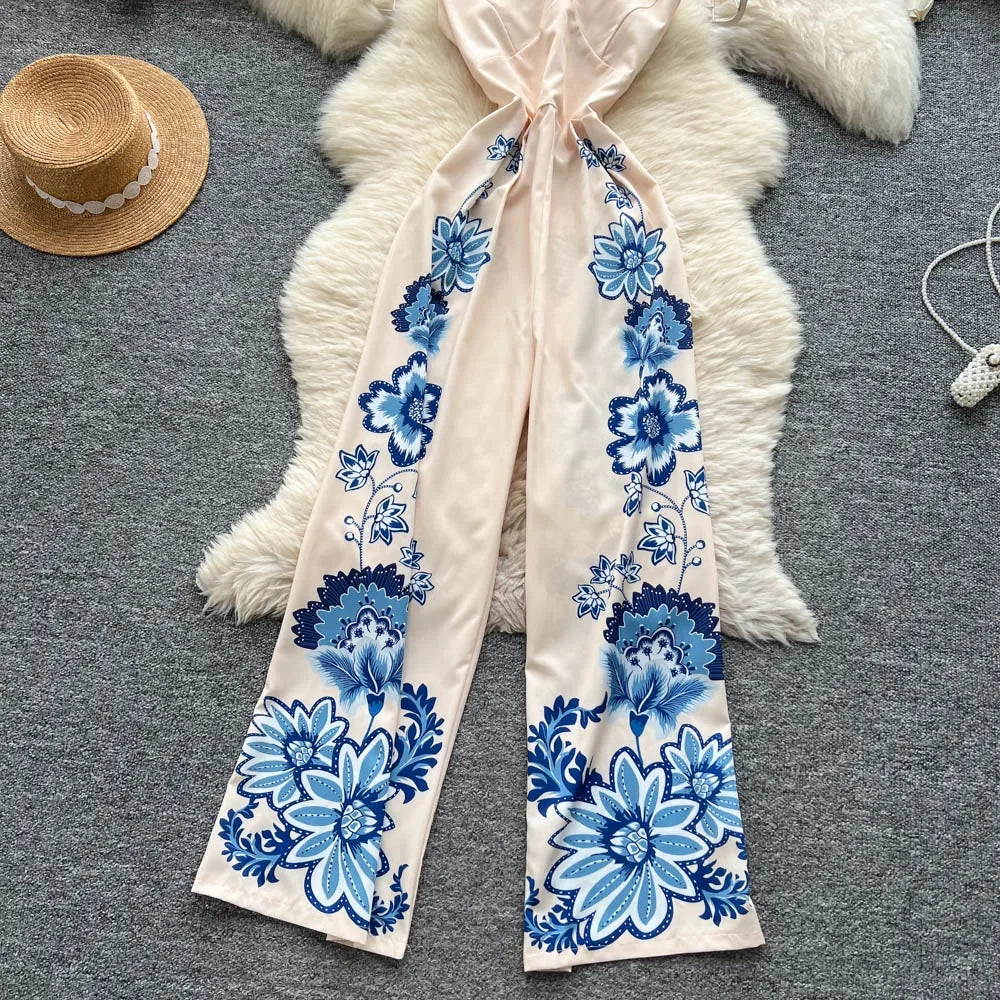 Vintage Printed Jumpsuit for Women – Full-Length Summer Romper with Mid Waist - Piña Colada