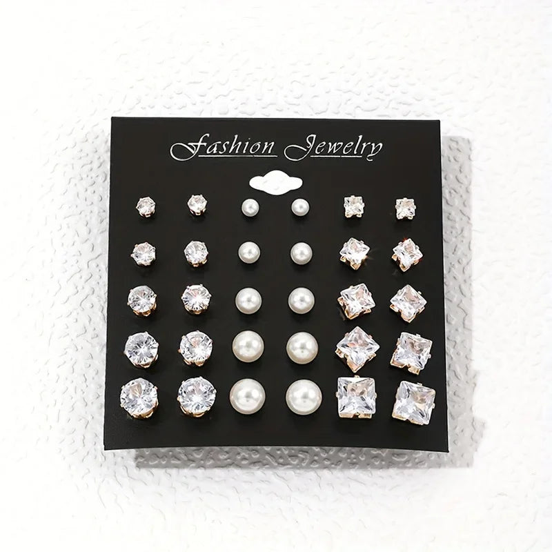 30PCS Retro Pearl & Crystal Zircon Earrings Set - Piña Colada