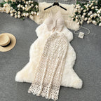 2-Piece Hollow Knit Beach Set – Halter Crop Top Skirt - Piña Colada