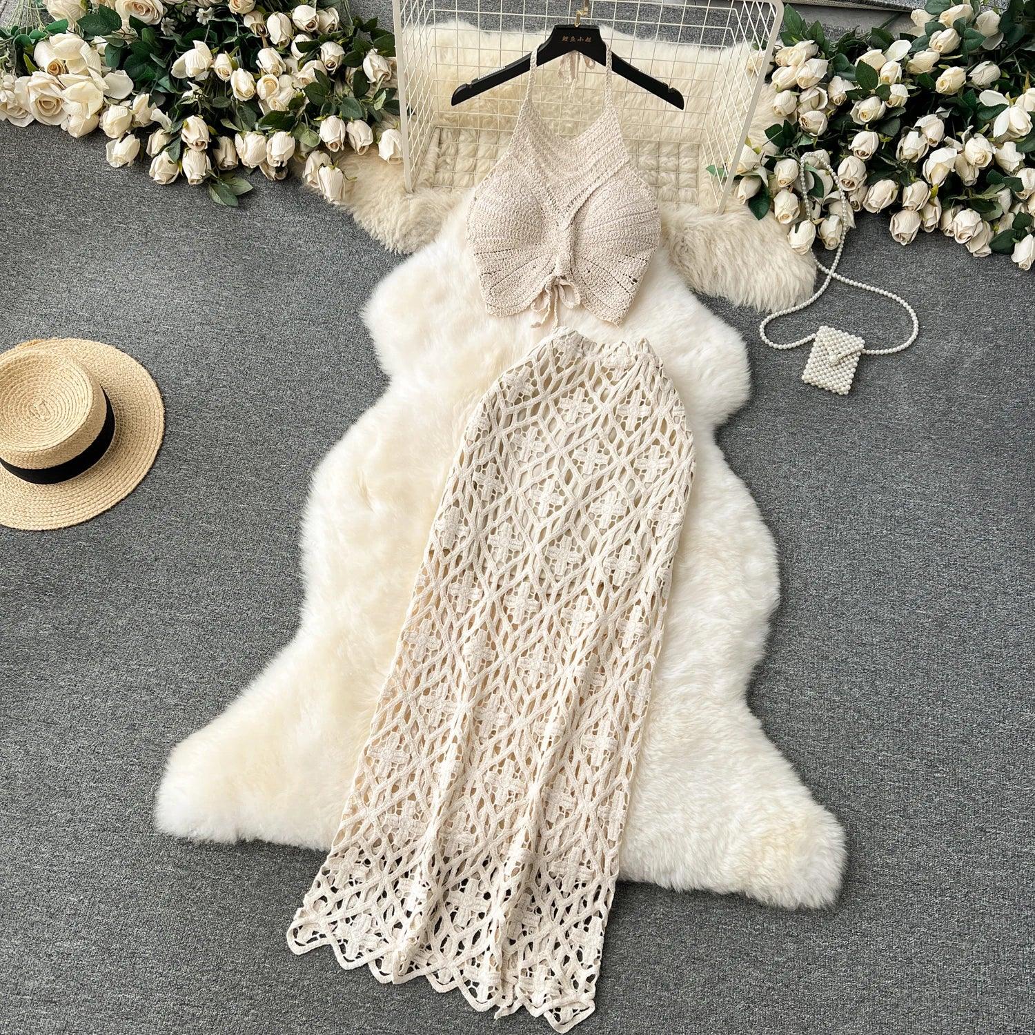2-Piece Hollow Knit Beach Set – Halter Crop Top Skirt - Piña Colada