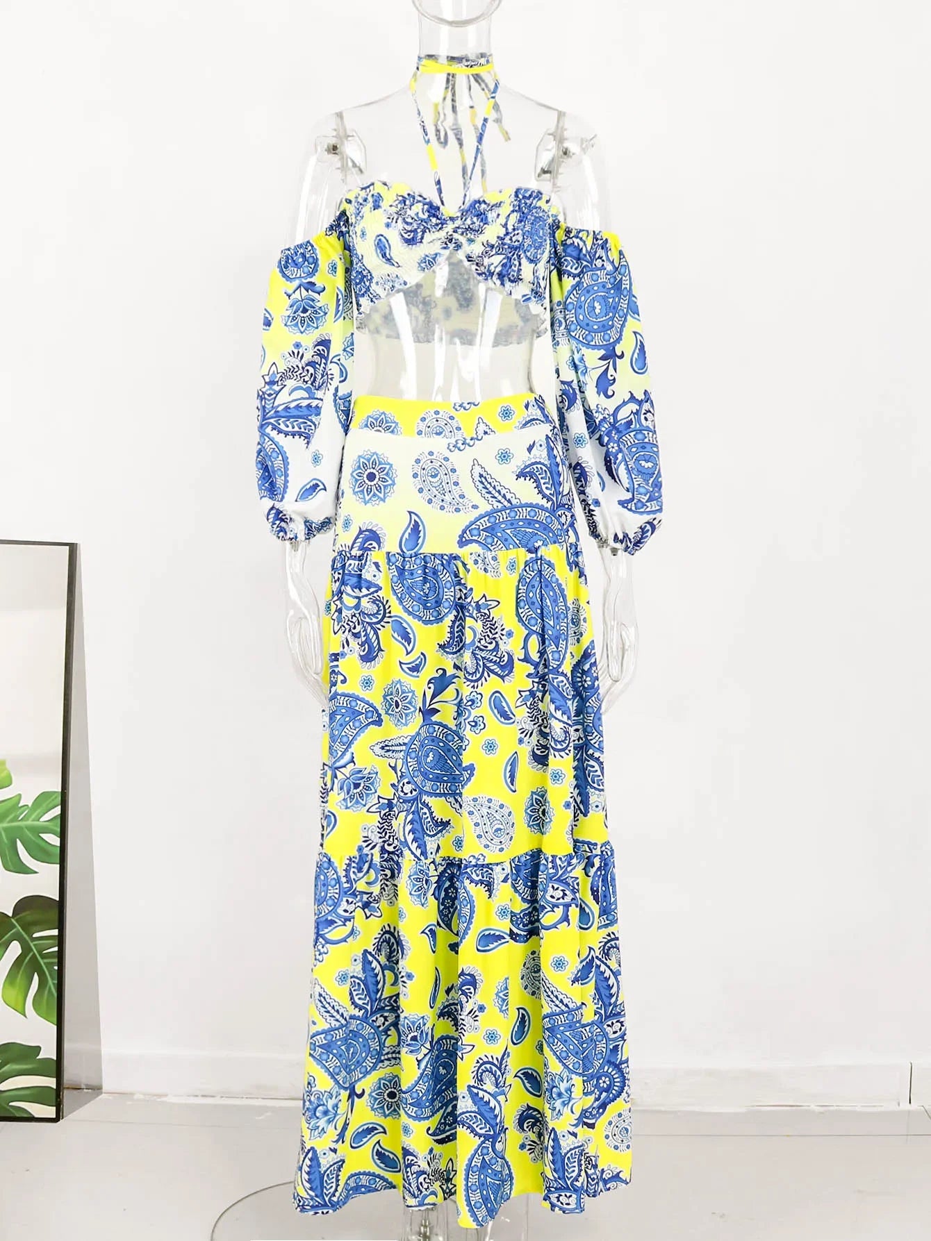 Hand-Painted Oversized 2-Piece Set – Backless Crop Top & Flowing Skirt - Piña Colada