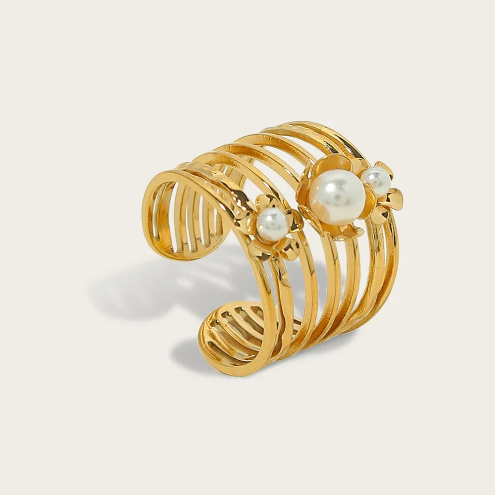 Gold Plated Pearl Aesthetic Wide Ring - Piña Colada
