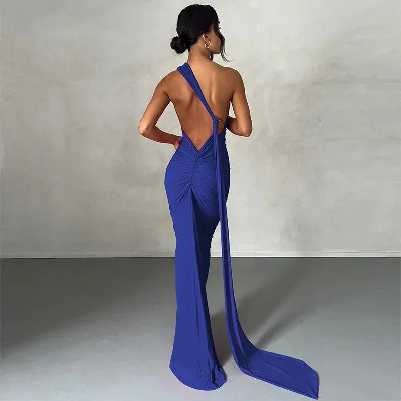 One Shoulder Backless Adjustable Scarf Maxi Dress - Piña Colada