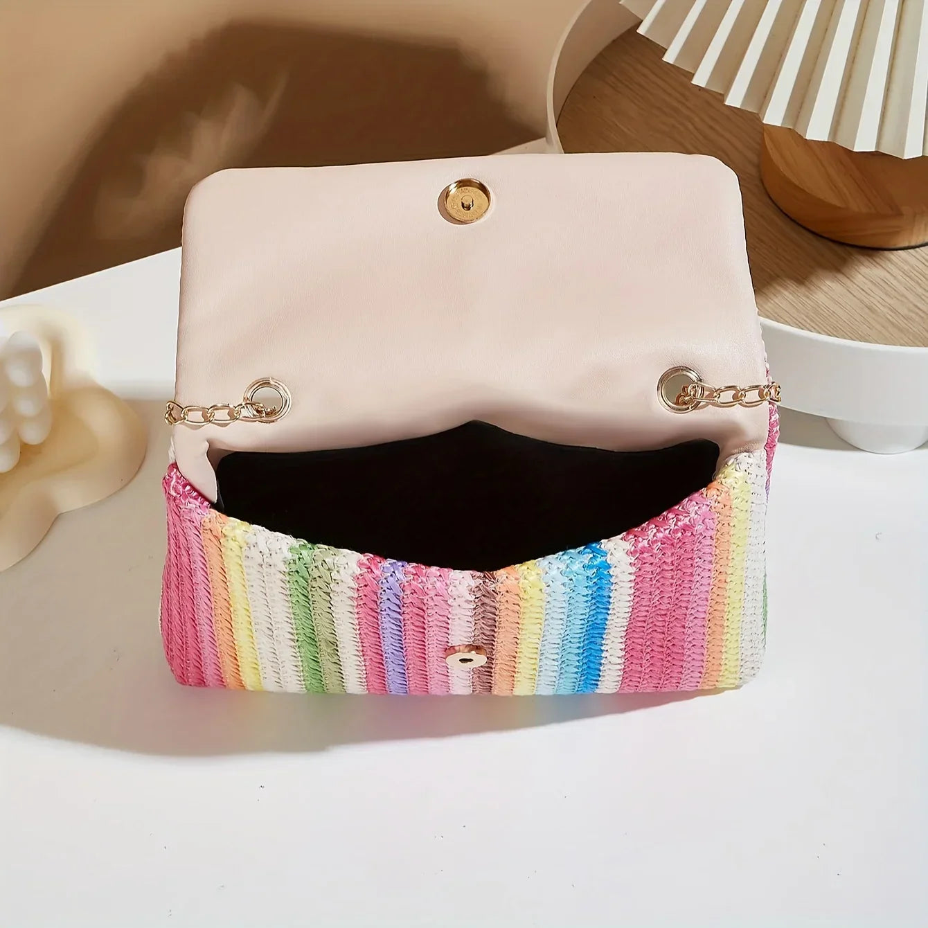 Chic Rainbow Stripe Straw Crossbody - Piña Colada