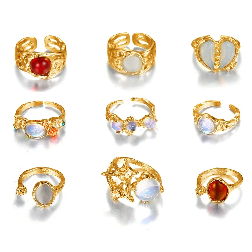 9Pcs Fashionable Women's Golden Ring - Piña Colada
