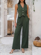 Summer V-Neck Button Crop Top & Wide-Leg Pants Set - Piña Colada
