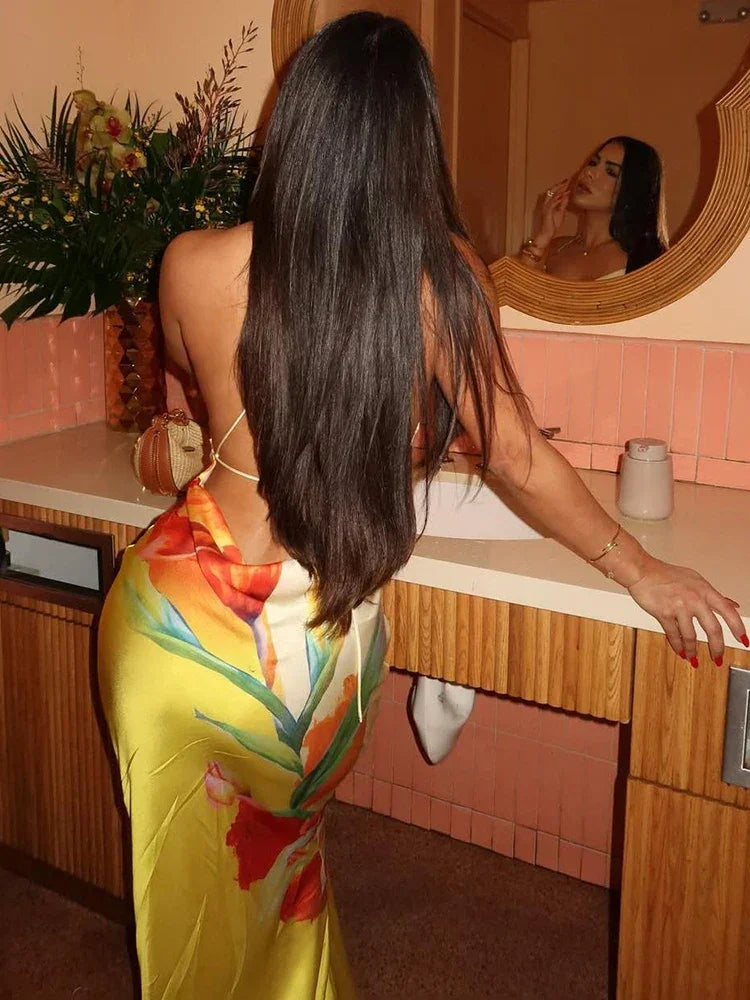 Floral Print Backless Dress - Piña Colada