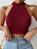 Backless Ribbed Knit Halter Crop Top – Slim Fit Casual Streetwear - Piña Colada