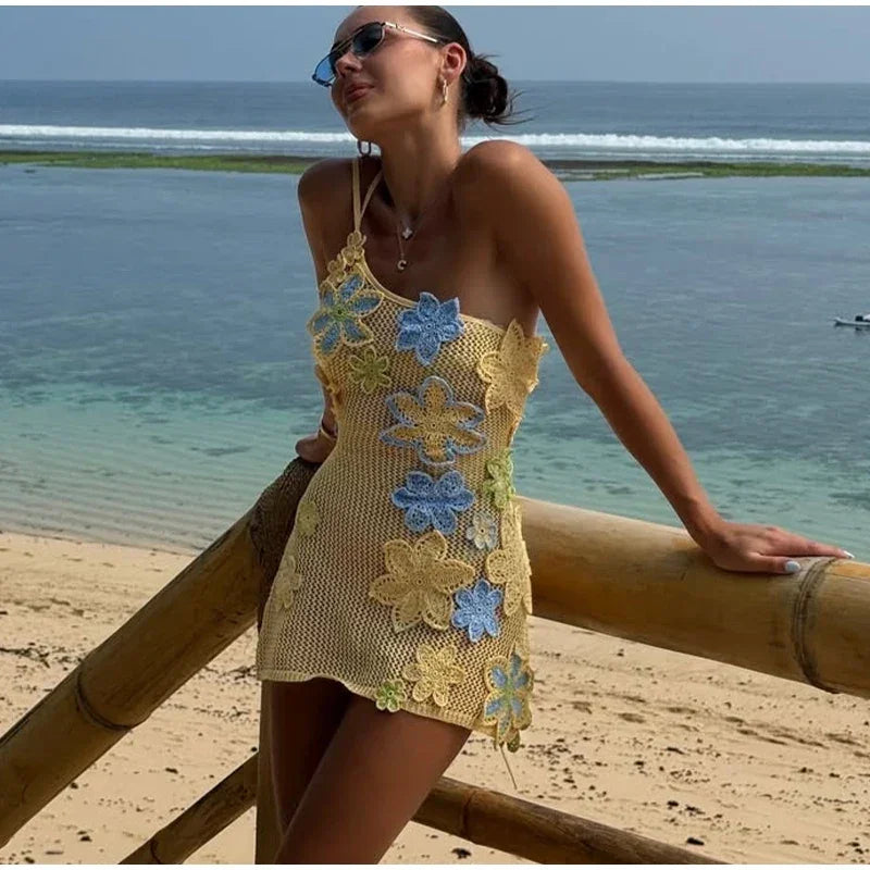 Hollow Out Floral Lace-Up Mini Dress - Piña Colada