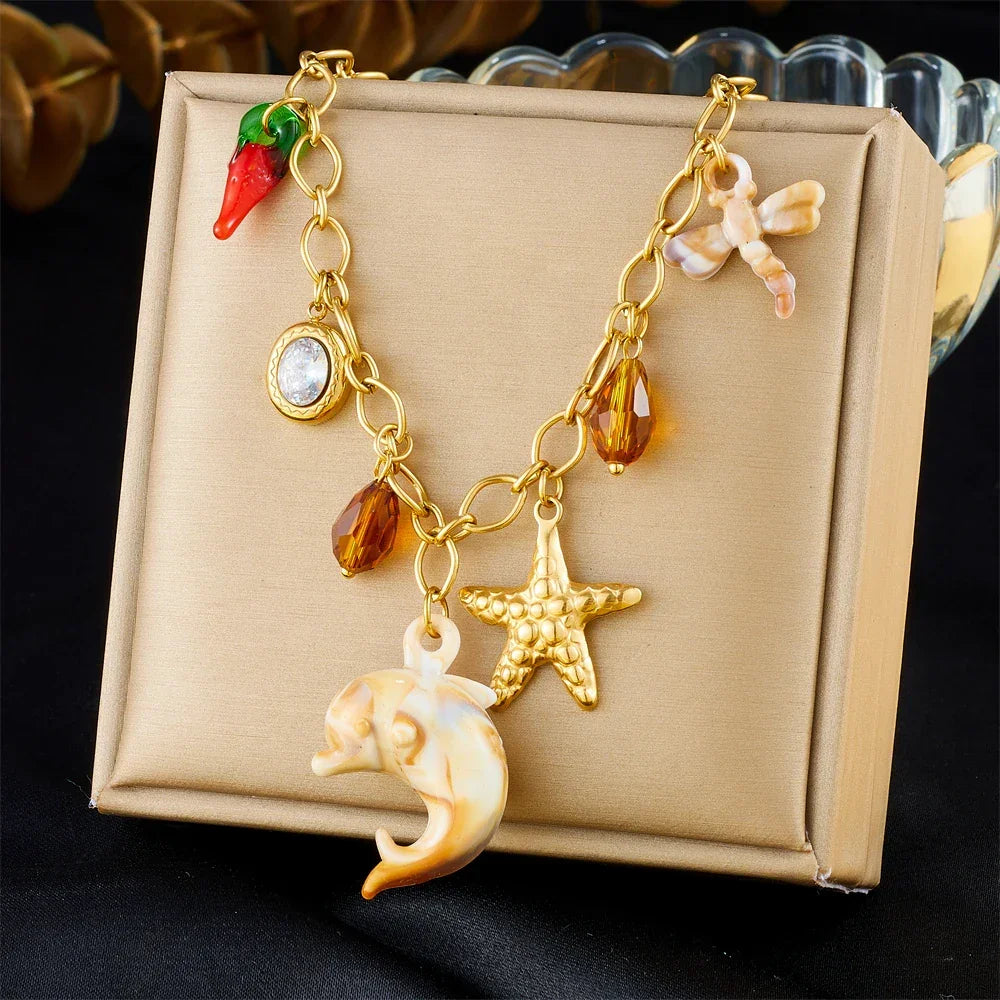 Stainless Steel Pearl Necklace - Piña Colada