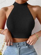 Backless Ribbed Knit Halter Crop Top – Slim Fit Casual Streetwear - Piña Colada
