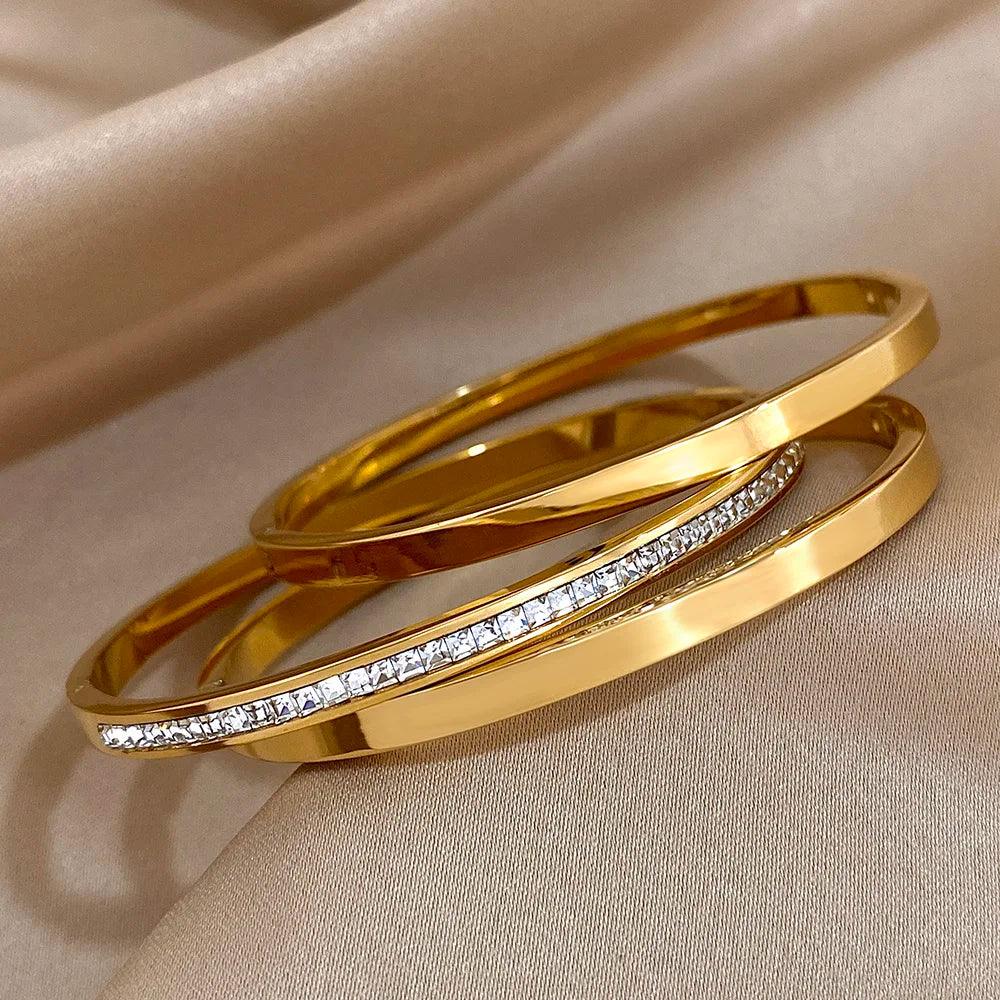 3pcs Glossy Rhinestone Stainless Steel Bangle - Piña Colada