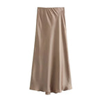 Elegant Satin Midi Skirt – Office Chic Mid-Calf Silhouette - Piña Colada