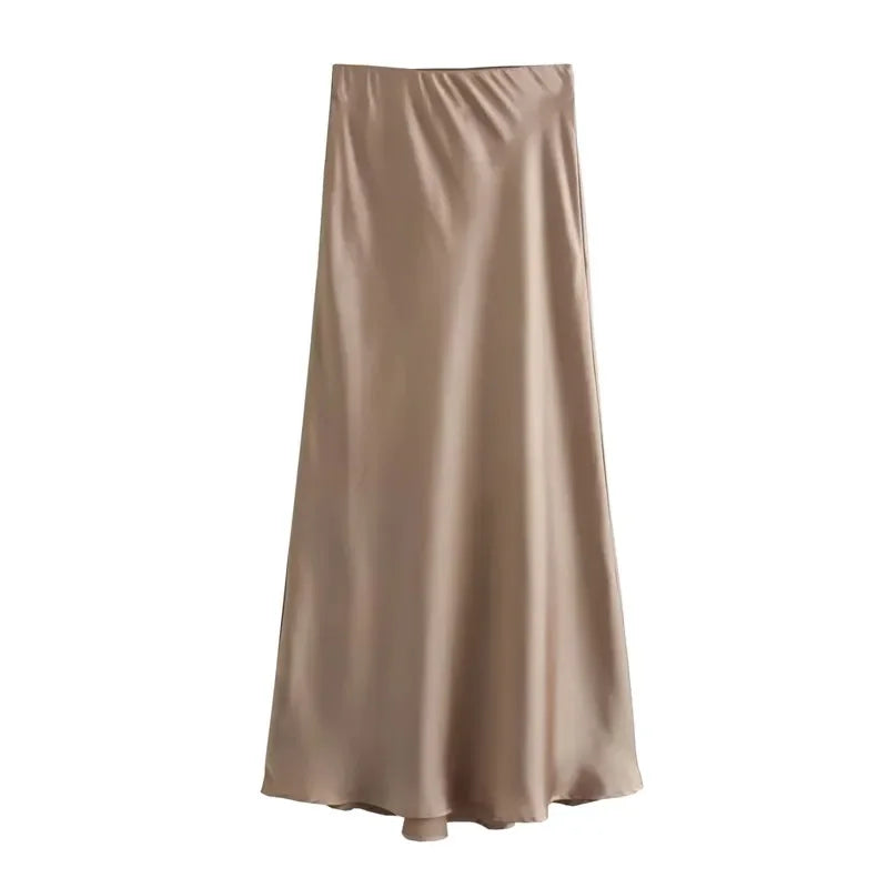 Elegant Satin Midi Skirt – Office Chic Mid-Calf Silhouette - Piña Colada